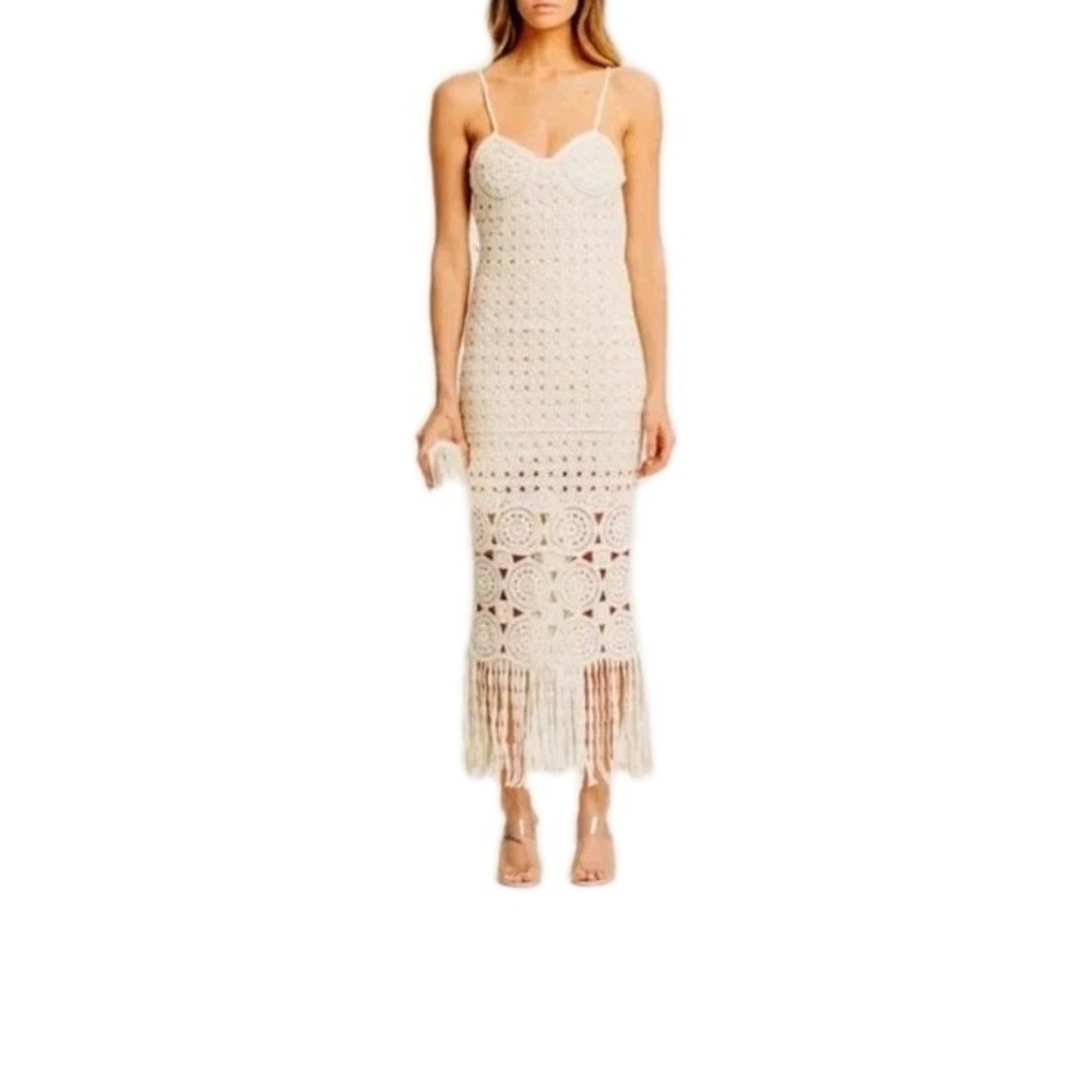 Torn By Ronny Kobo Crocheted Fringe Midi Dress In Neutral Size Medium